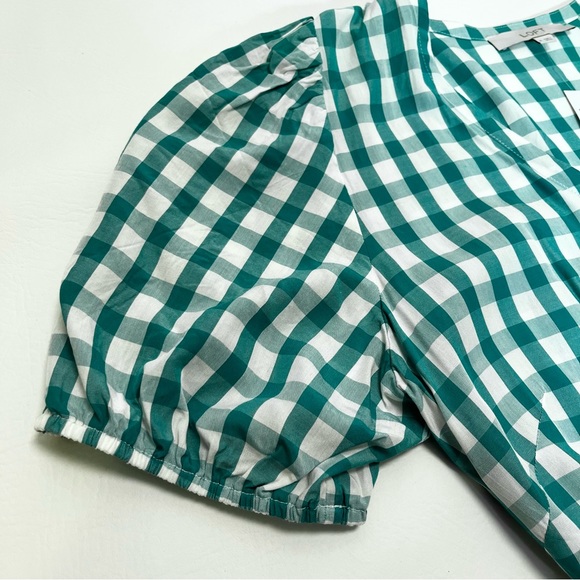 LOFT Gingham Wrap Top Peplum Short Sleeves Green Check Plaid Size Medium - Picture 4 of 8